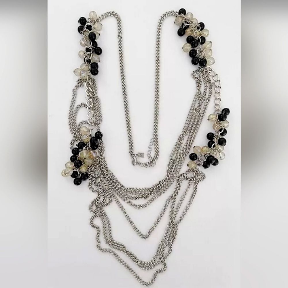BANANA REPUBLIC SILVER TONE MULTI-STRAND BLACK RESIN BEADS 30"-33" NECKLACE NWOT